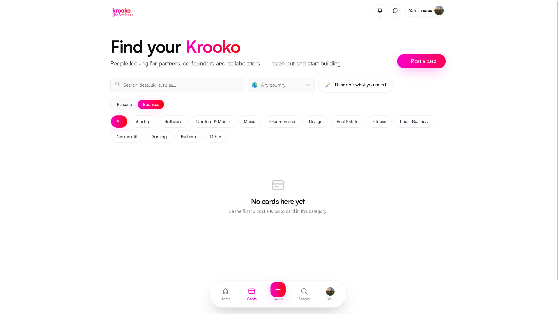 The Cards page, with the “Describe what you need” button circled